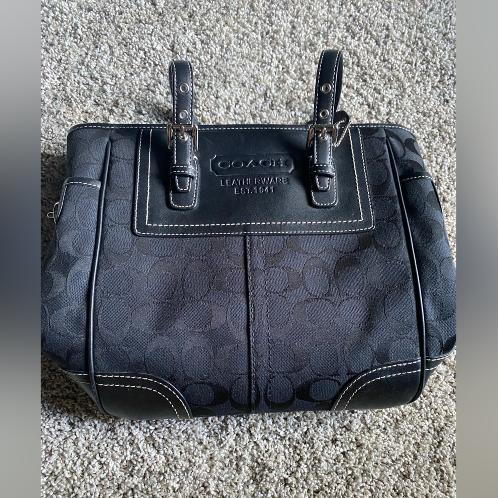 Coach Black Signature Bag with Leather Trim